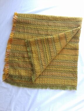 Vintage Tablecloth or Throw 70s Woven With Fringes Green Yellow & Orange Square